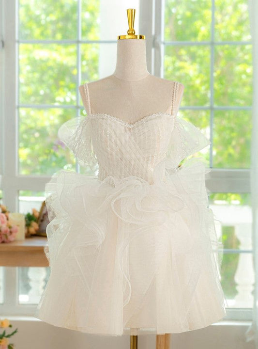 Precioso vestido de fiesta corto de tul con tirantes finos, corte A, para regreso a casa y noche GG2348