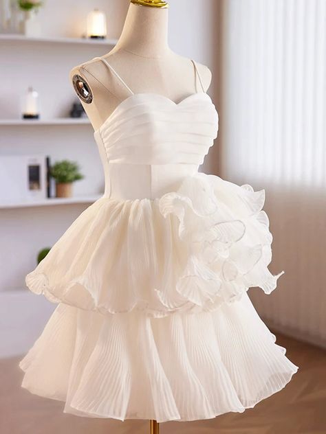 Vestido de fiesta corto de gasa con tirantes finos, corte A, plisado, para regreso a casa y cumpleaños GG2350