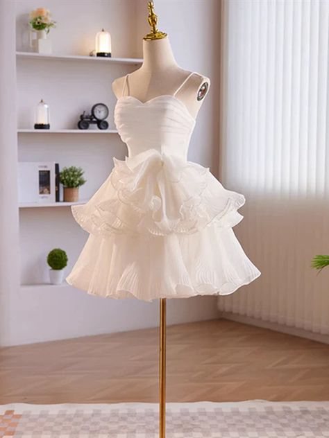 Vestido de fiesta corto de gasa con tirantes finos, corte A, plisado, para regreso a casa y cumpleaños GG2350