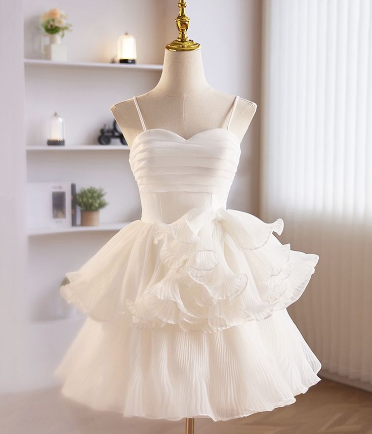 Vestido de fiesta corto de gasa con tirantes finos, corte A, plisado, para regreso a casa y cumpleaños GG2350