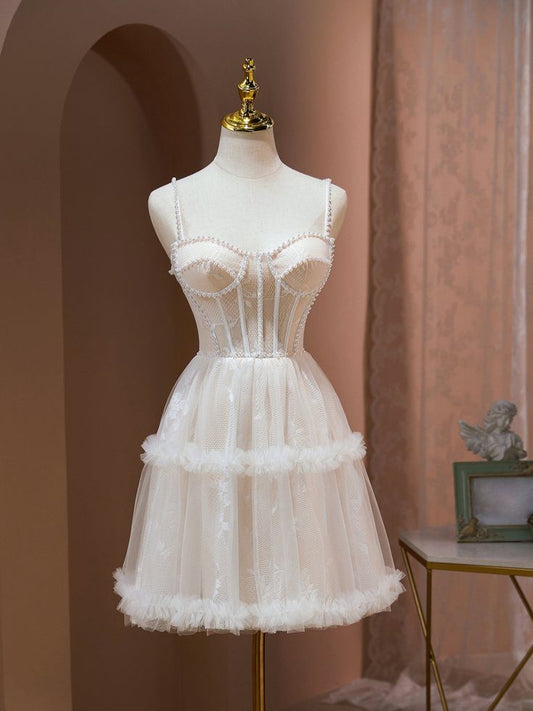 Precioso vestido de fiesta corto de tul con tirantes finos y perlas, corte en A, para regreso a casa y cumpleaños GG2351