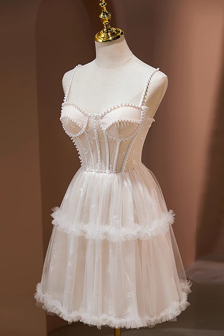 Precioso vestido de fiesta corto de tul con tirantes finos y perlas, corte en A, para regreso a casa y cumpleaños GG2351
