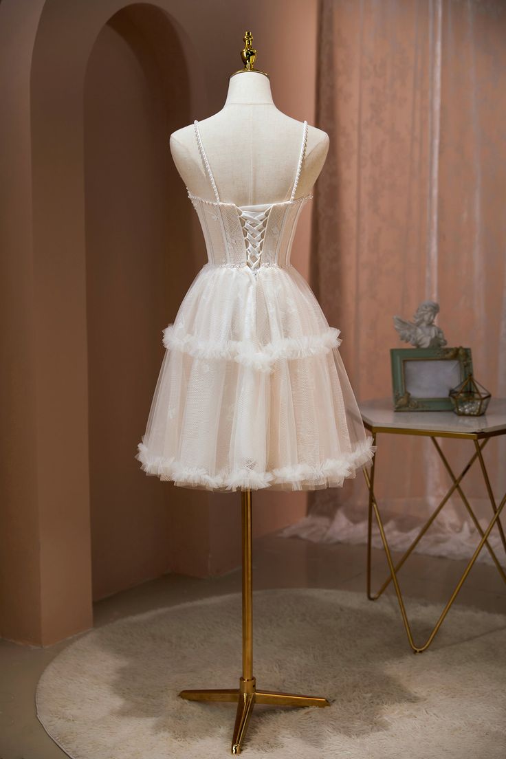 Precioso vestido de fiesta corto de tul con tirantes finos y perlas, corte en A, para regreso a casa y cumpleaños GG2351