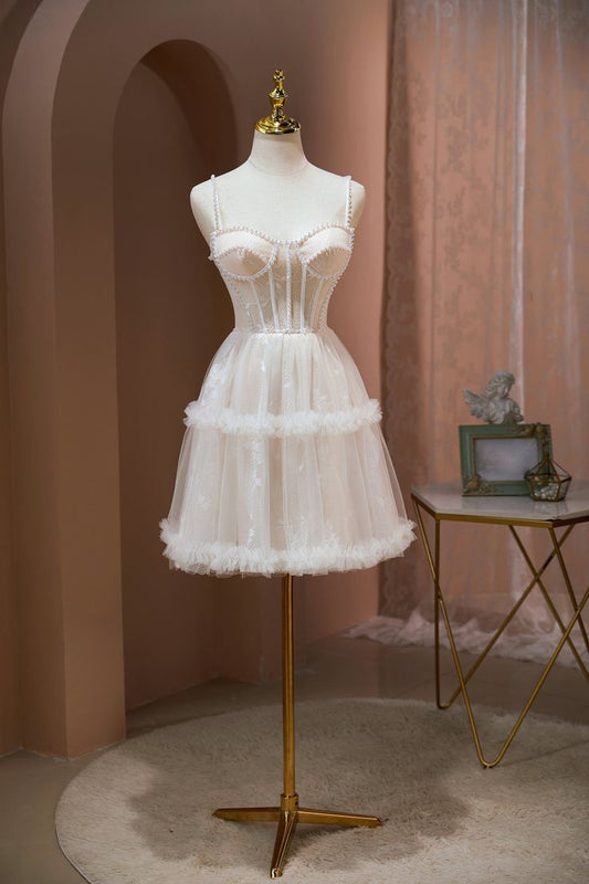 Precioso vestido de fiesta corto de tul con tirantes finos y perlas, corte en A, para regreso a casa y cumpleaños GG2351