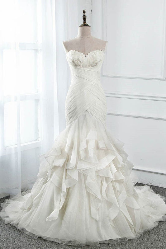 Impresionante vestido de fiesta largo de tul y gasa sin tirantes, corte sirena, para boda o noche GG2359