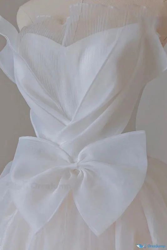 Vestido largo de tul blanco de gasa, corte A, sin tirantes, para fiesta de graduación o de noche, GG2360
