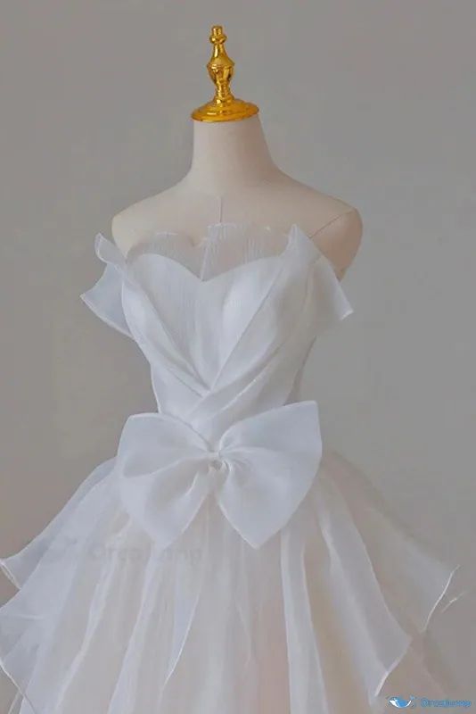 Vestido largo de tul blanco de gasa, corte A, sin tirantes, para fiesta de graduación o de noche, GG2360