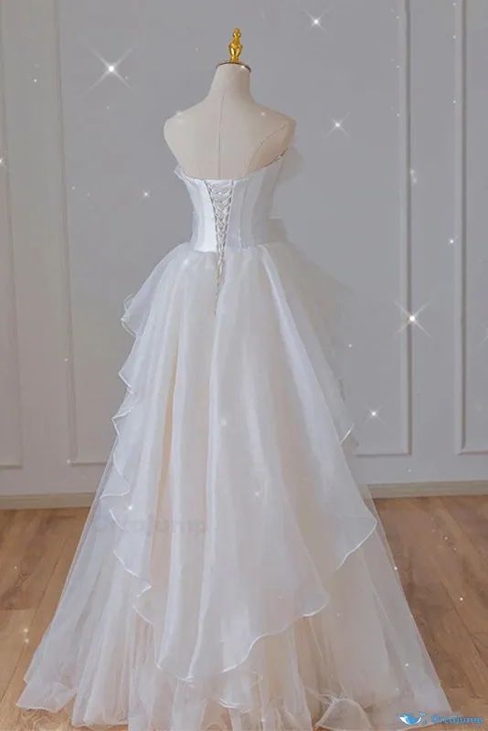 Vestido largo de tul blanco de gasa, corte A, sin tirantes, para fiesta de graduación o de noche, GG2360