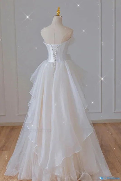 Vestido largo de tul blanco de gasa, corte A, sin tirantes, para fiesta de graduación o de noche, GG2360