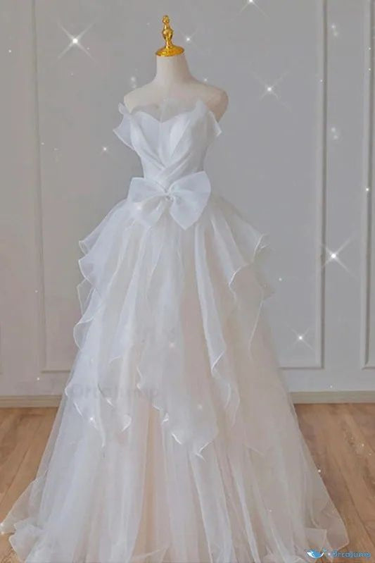Vestido largo de tul blanco de gasa, corte A, sin tirantes, para fiesta de graduación o de noche, GG2360