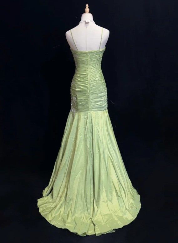 Vintage Mermaid Spaghetti Straps Satin Applique Beaded Long Prom Dress,Party Dress,Evening Dress GG2366