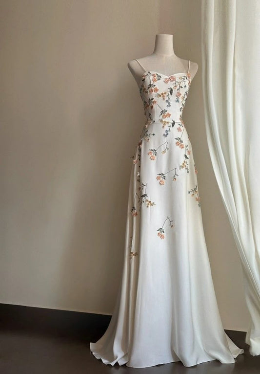 Cute A Line Spaghetti Straps White Satin Applique Long Prom Dress,Party Dress,Evening Dress GG2386