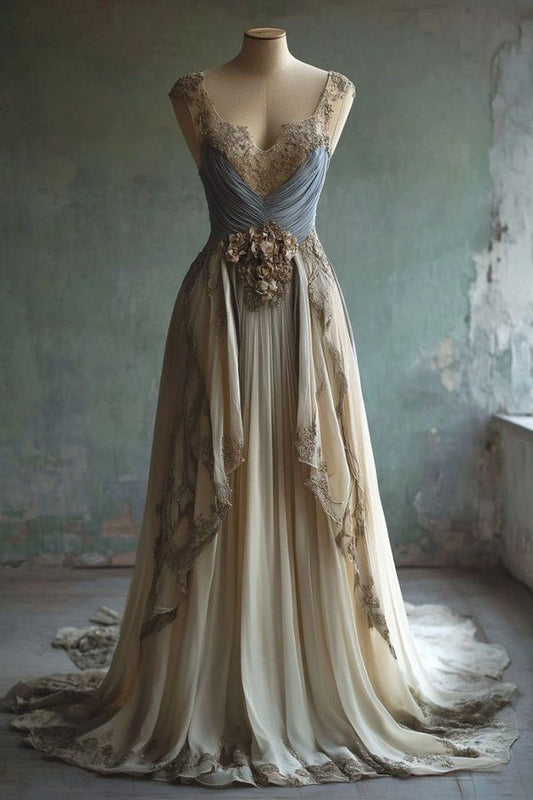 Vestido largo de gasa con escote en V y apliques, corte A, para fiesta, boda o noche, GG2399
