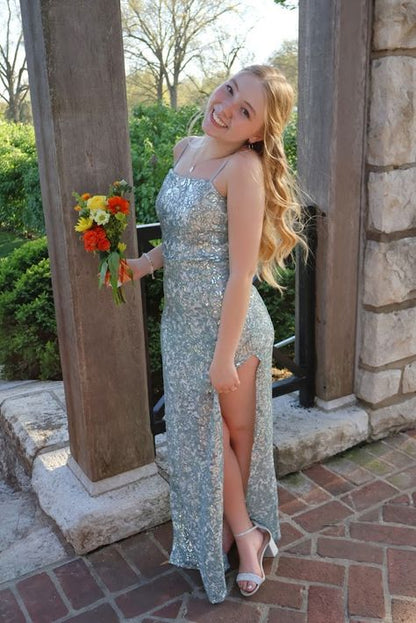 Gorgeous Mermaid Spaghetti Straps Sequin Slit Long Prom Dress,Party Dress,Evening Dress GG2402
