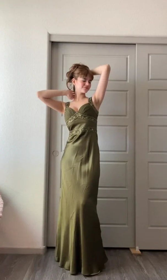 Olive Green Mermaid Beaded Straps Satin Long Prom Dress,Party Dress,Evening Dress GG2405