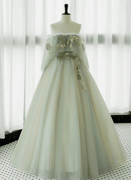 Vestido de fiesta largo de tul verde claro con encaje y hombros descubiertos, corte A, vestido de noche GG240
