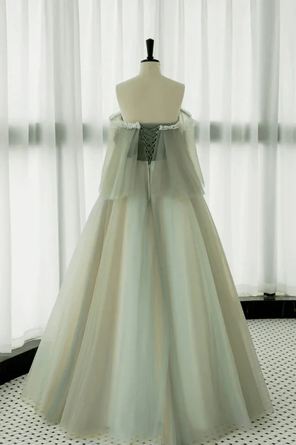 Vestido de fiesta largo de tul verde claro con encaje y hombros descubiertos, corte A, vestido de noche GG240