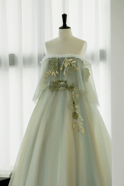 Vestido de fiesta largo de tul verde claro con encaje y hombros descubiertos, corte A, vestido de noche GG240