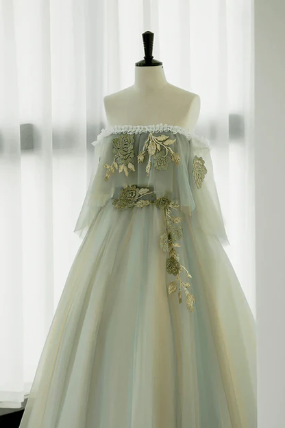 Vestido de fiesta largo de tul verde claro con encaje y hombros descubiertos, corte A, vestido de noche GG240