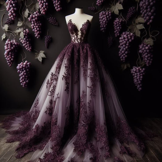 Impresionante vestido de fiesta largo de corte A con escote corazón y apliques de tul color uva, vestido de novia o de noche GG2416