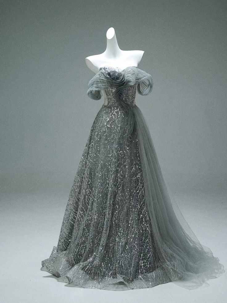 Vestido largo de fiesta, de noche, de tul con lentejuelas y hombros descubiertos, corte A, GG2418