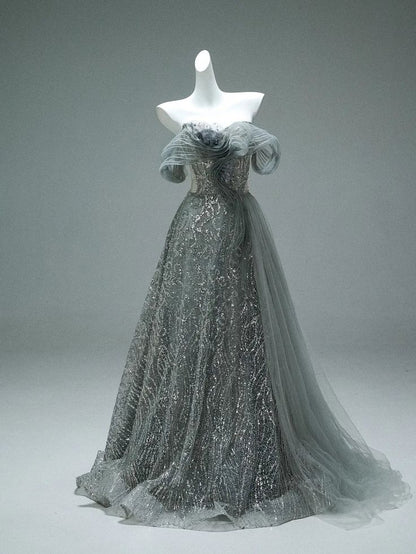 Vestido largo de fiesta, de noche, de tul con lentejuelas y hombros descubiertos, corte A, GG2418