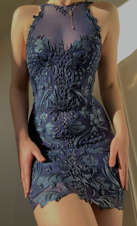 Impresionante vestido de fiesta corto con cuello halter de sirena y apliques de tul azul marino, vestido de regreso a casa y vestido de cumpleaños GG2432