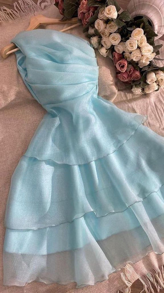 Vestido de fiesta corto plisado de gasa azul pálido con un solo hombro, corte A, para regreso a casa y cumpleaños GG2436