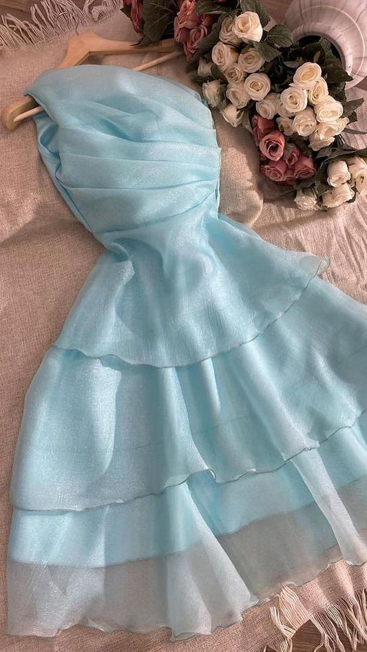 Vestido de fiesta corto plisado de gasa azul pálido con un solo hombro, corte A, para regreso a casa y cumpleaños GG2436