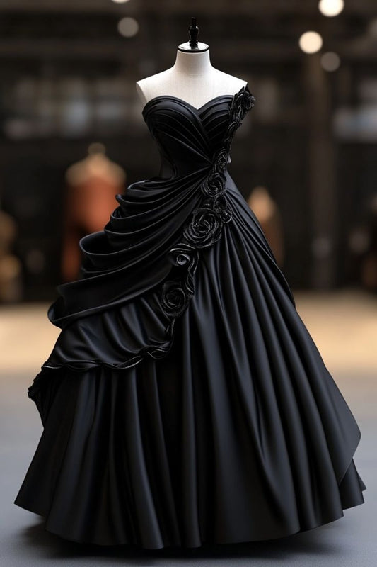 Vestido largo de fiesta, de noche y satén negro, plisado, sin tirantes, corte A, único, con flores, GG2438