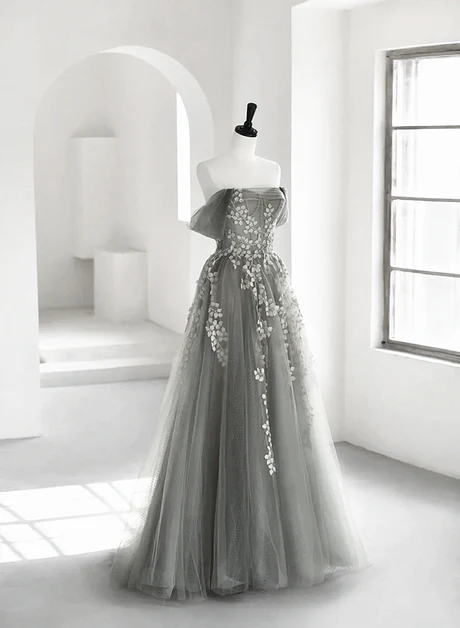 Elegante vestido de fiesta largo de tul gris claro con escote en forma de A y apliques de encaje, vestido de noche GG243