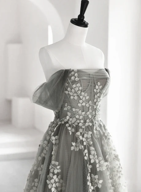 Elegante vestido de fiesta largo de tul gris claro con escote en forma de A y apliques de encaje, vestido de noche GG243