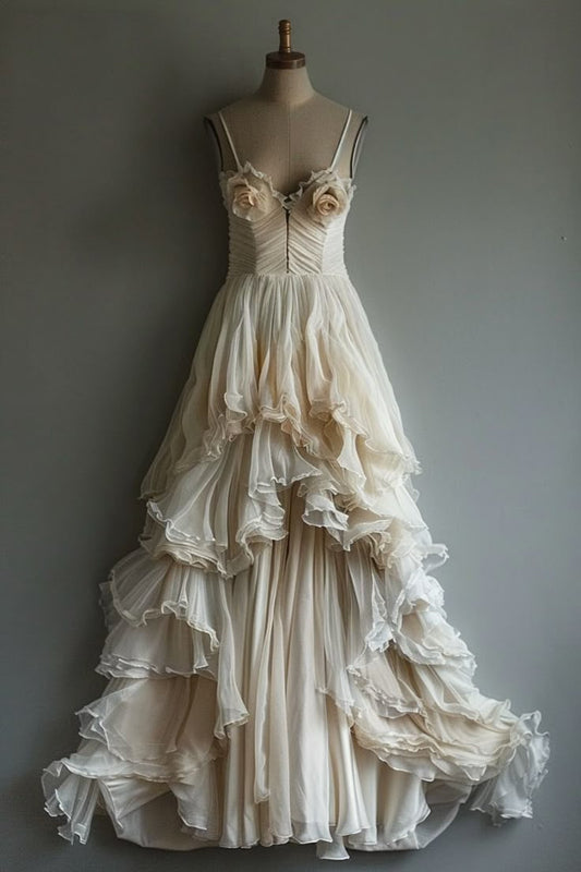 Vestido largo de gasa color marfil claro con tirantes finos, corte A, para fiesta de graduación o de noche GG2440