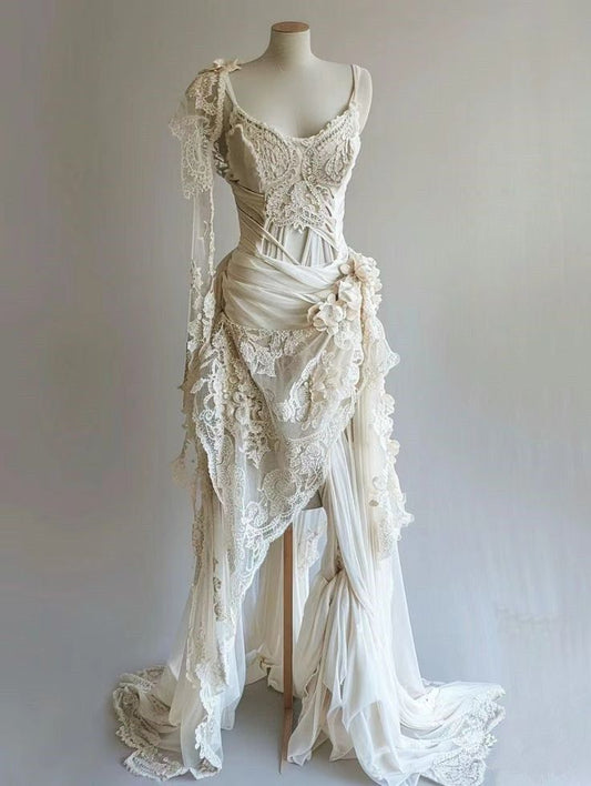 Vestido largo vintage de gasa color marfil claro con tirantes finos, corte en A, encaje, para fiesta, boda o noche GG2444