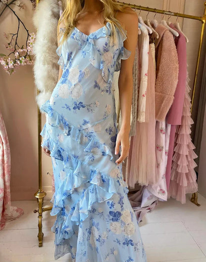 Fairy Mermaid Spaghetti Straps Chiffon Printing Ruffles Long Prom Dress, Party Dress, Evening Dress GG2449