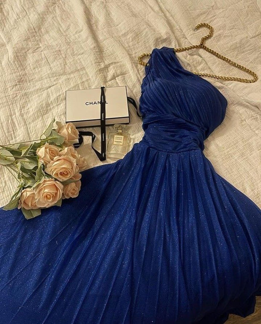 Vestido largo de satén azul rey con lentejuelas y corte en A, con un solo hombro y purpurina, para fiesta de graduación o de noche, GG2452