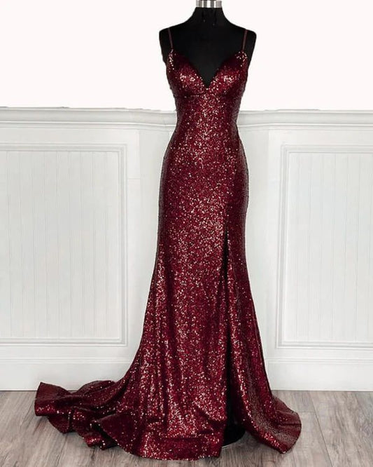 Impresionante vestido de fiesta largo de sirena con tirantes finos y lentejuelas color burdeos, con abertura, para graduación, noche, GG2453