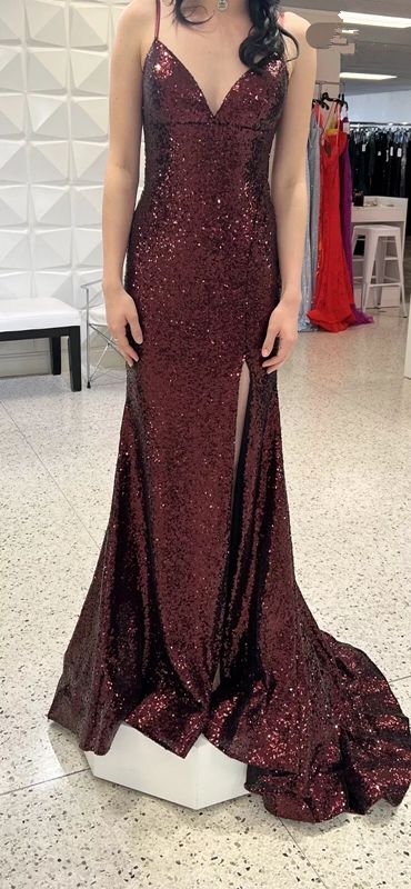 Stunning Mermaid Spaghetti Straps Burgundy Sequin Slit Long Prom Dress, Party Dress, Evening Dress GG2453