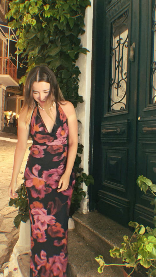 Vestido largo de fiesta, de noche y de fiesta de gasa con cuello halter y estampado floral, estilo sirena, GG2454