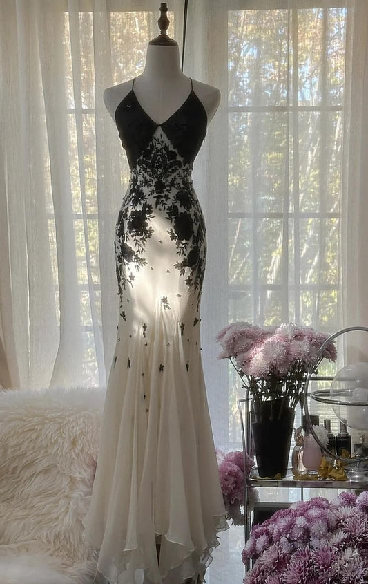 Vestido largo de fiesta, de noche y de gasa con escote halter y apliques de sirena, GG2459
