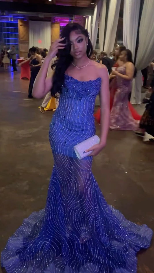 Hermoso vestido de fiesta azul sirena sin tirantes de tul con lentejuelas, vestido de fiesta, vestido de noche GG2464