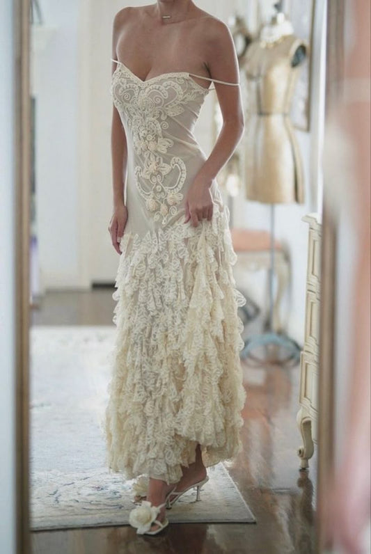 Impresionante vestido largo de fiesta, de sirena, con tirantes finos, de gasa y apliques de encaje, GG2467