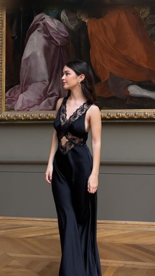 Vestido de fiesta largo de satén con escote en V y encaje de sirena, sexy, para graduación, noche, GG2470