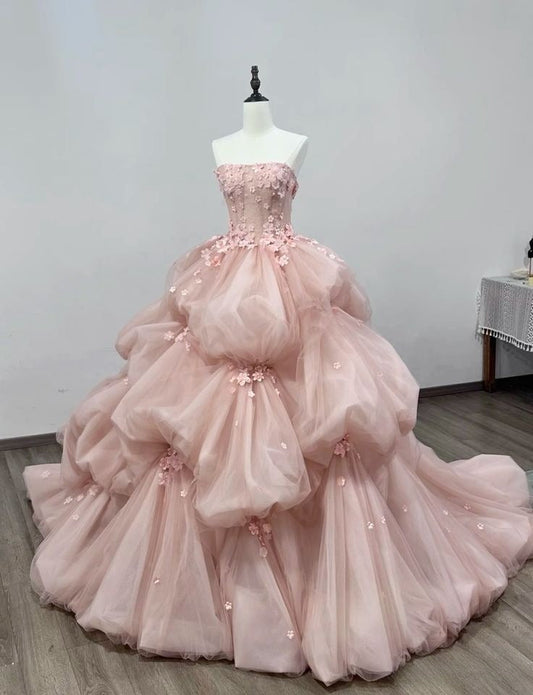Hermoso vestido de fiesta largo sin tirantes con apliques de tul rosa, vestido de fiesta, vestido de noche GG2472