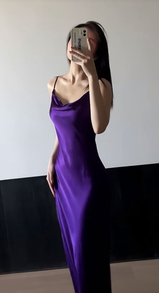 Elegante vestido de fiesta largo de satén de seda morado con tirantes finos y corte sirena, GG2474