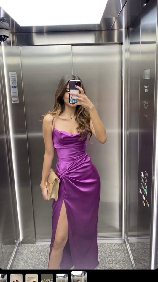 Vestido de fiesta largo de satén con tirantes finos y corte sirena, elegante, con aberturas, para graduación, noche, GG2475