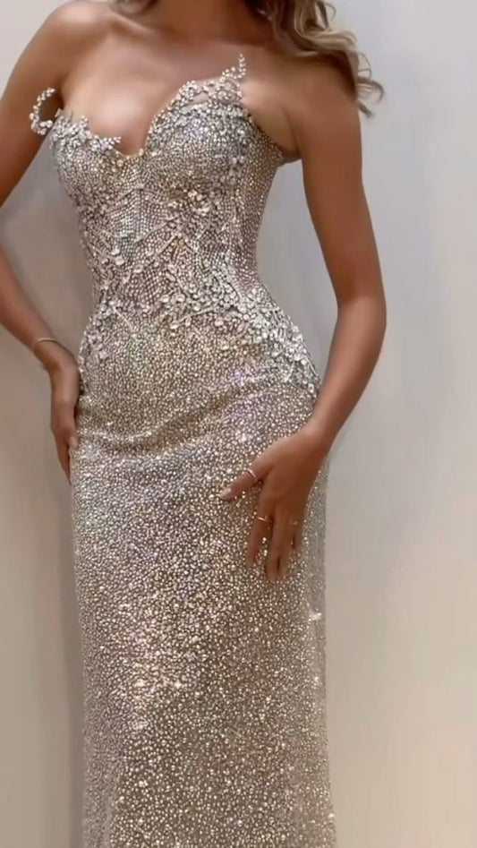 Impresionante vestido de fiesta largo de satén con cuentas y corte sirena, sin tirantes, para graduación, noche o fiesta GG2479