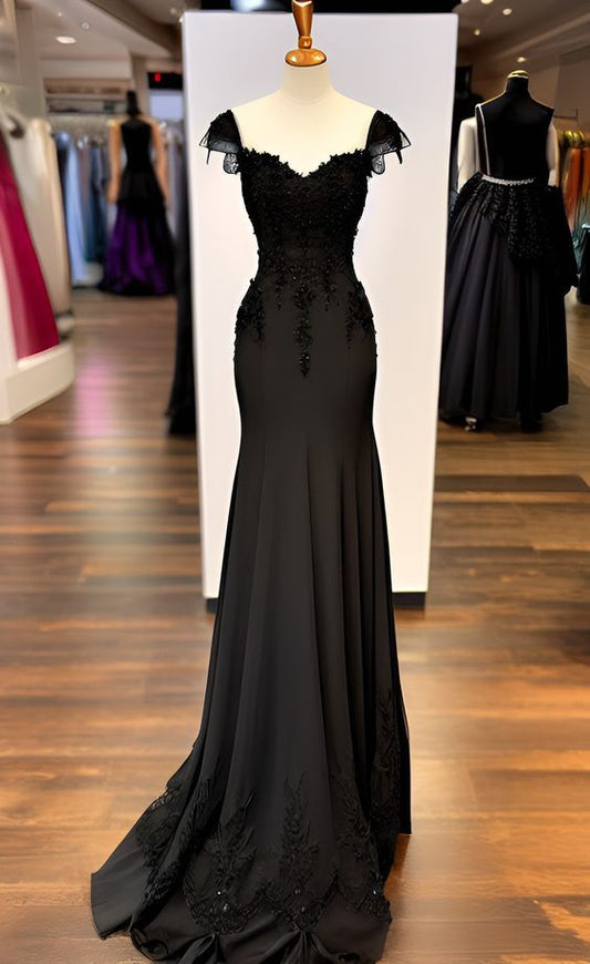 Vestido largo de fiesta, de noche y de sirena con escote corazón y apliques de satén negro GG2480