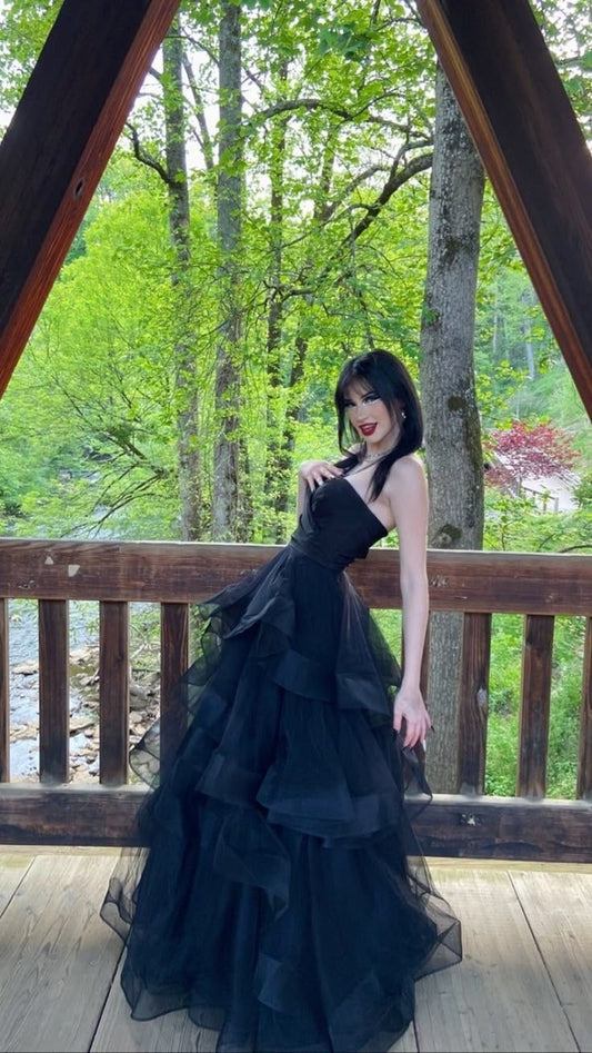 Hermoso vestido de fiesta largo de satén y tul negro sin tirantes, corte A, para graduación, noche, GG2481