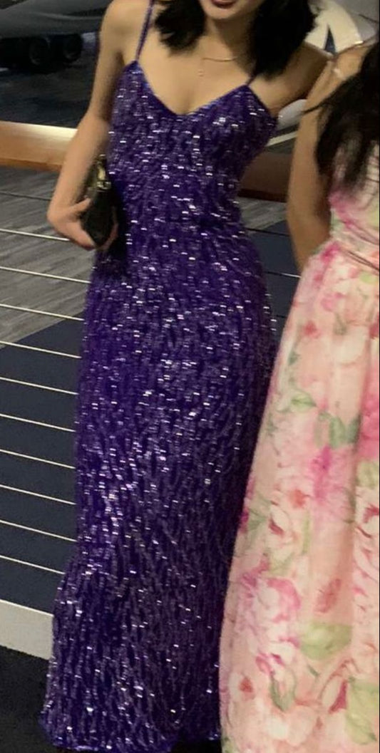 Hermoso vestido de fiesta largo de sirena con tirantes finos, satén morado y lentejuelas, vestido de fiesta, vestido de noche GG2486